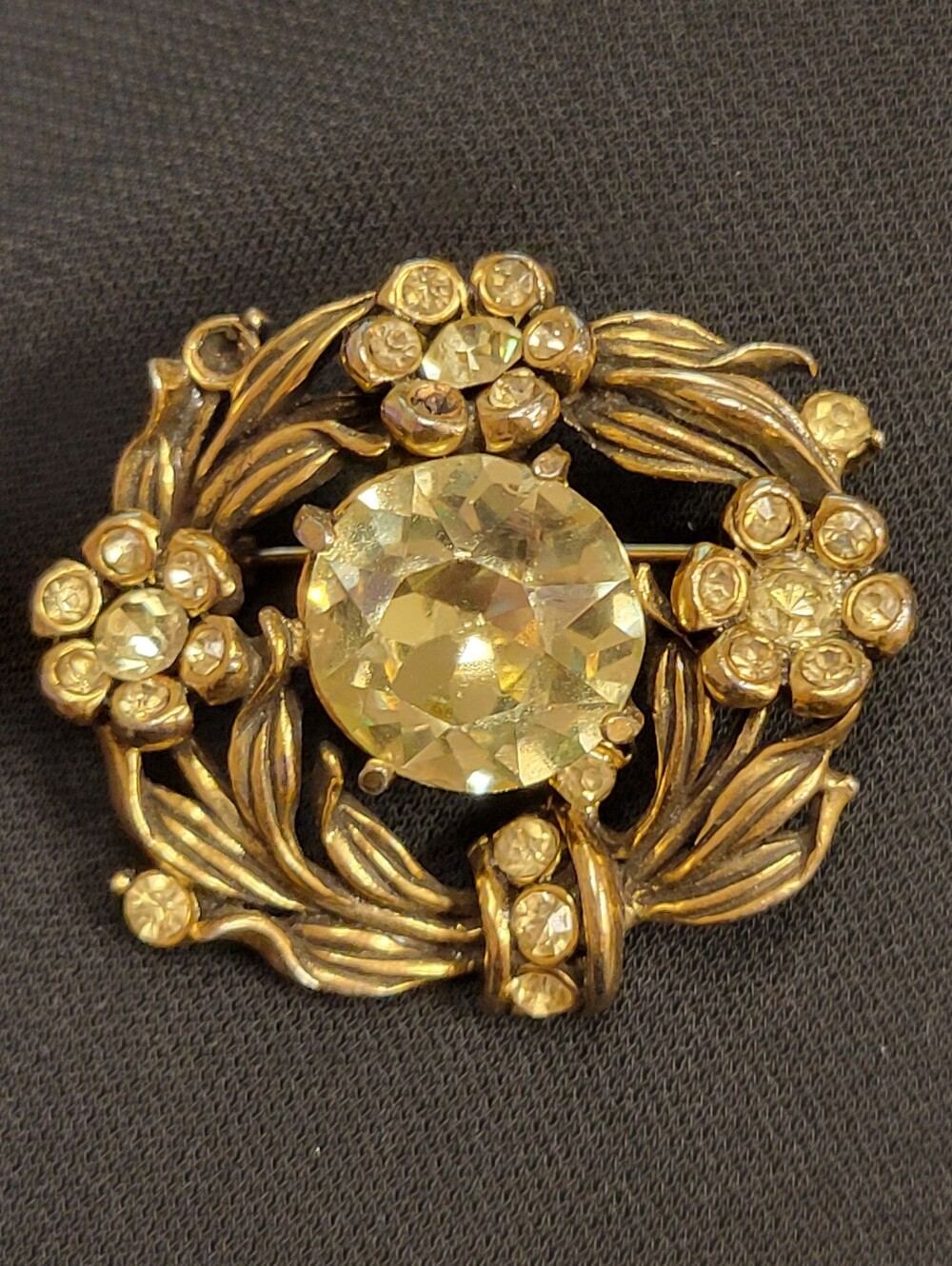 Vintage Hollycraft 1954 Yellow Rhinestone Floral Brooch